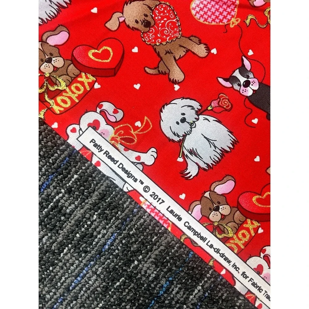 Valentine Love Pups on Red Quilting Fabric by Patti Reed, Dogs with Gold Accents